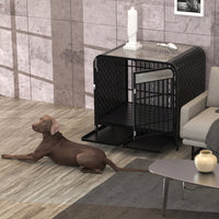 HKM-579731 Heavy Duty Wooden Dog Crate Table with Lockable Wheels and Removable Trays - 42 Inch Grey for Medium to Large Dogs