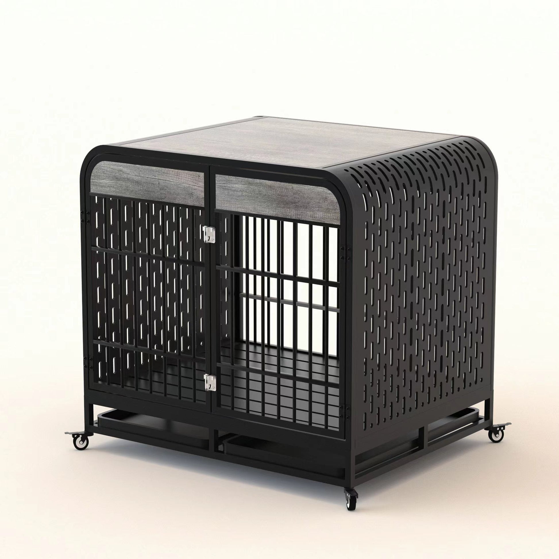 HKM-579731 Heavy Duty Wooden Dog Crate Table with Lockable Wheels and Removable Trays - 42 Inch Grey for Medium to Large Dogs