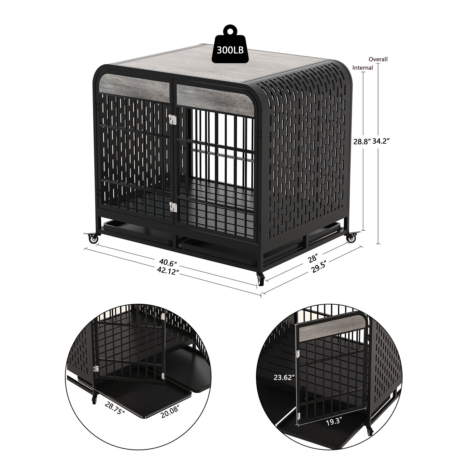 HKM-579731 Heavy Duty Wooden Dog Crate Table with Lockable Wheels and Removable Trays - 42 Inch Grey for Medium to Large Dogs