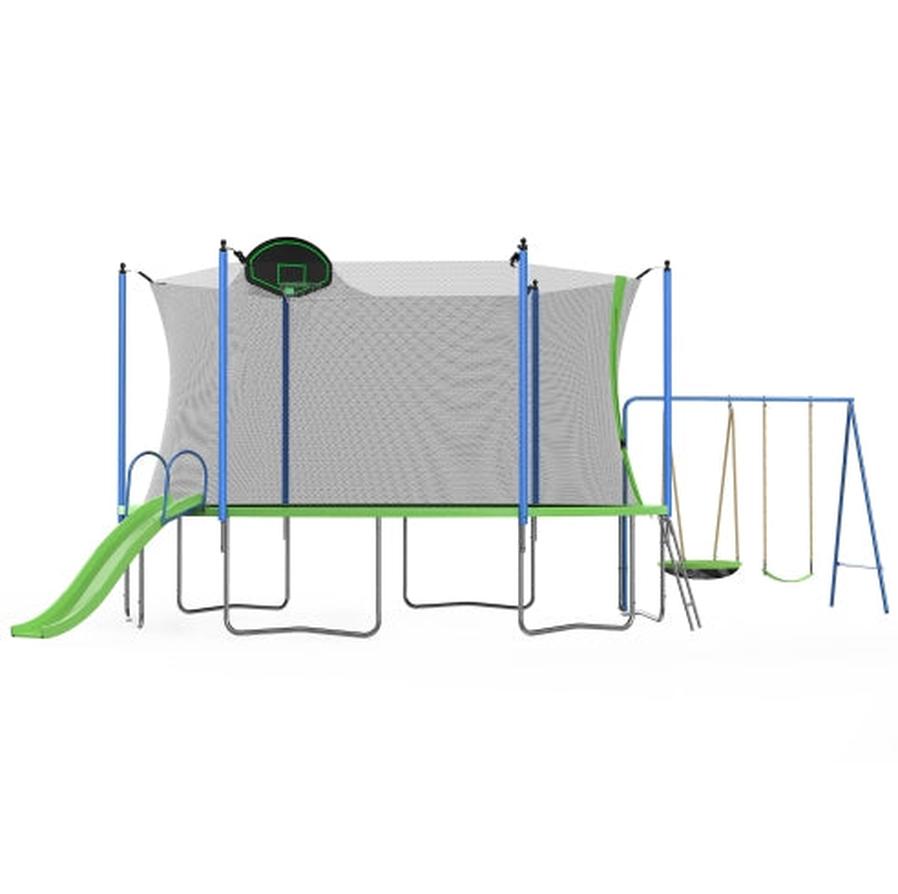 HKM-648595 12FT Trampoline with Slide, Swings, Basketball Hoop, and Safety Net for Kids and Adults