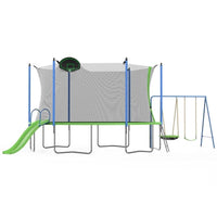HKM-648595 12FT Trampoline with Slide, Swings, Basketball Hoop, and Safety Net for Kids and Adults