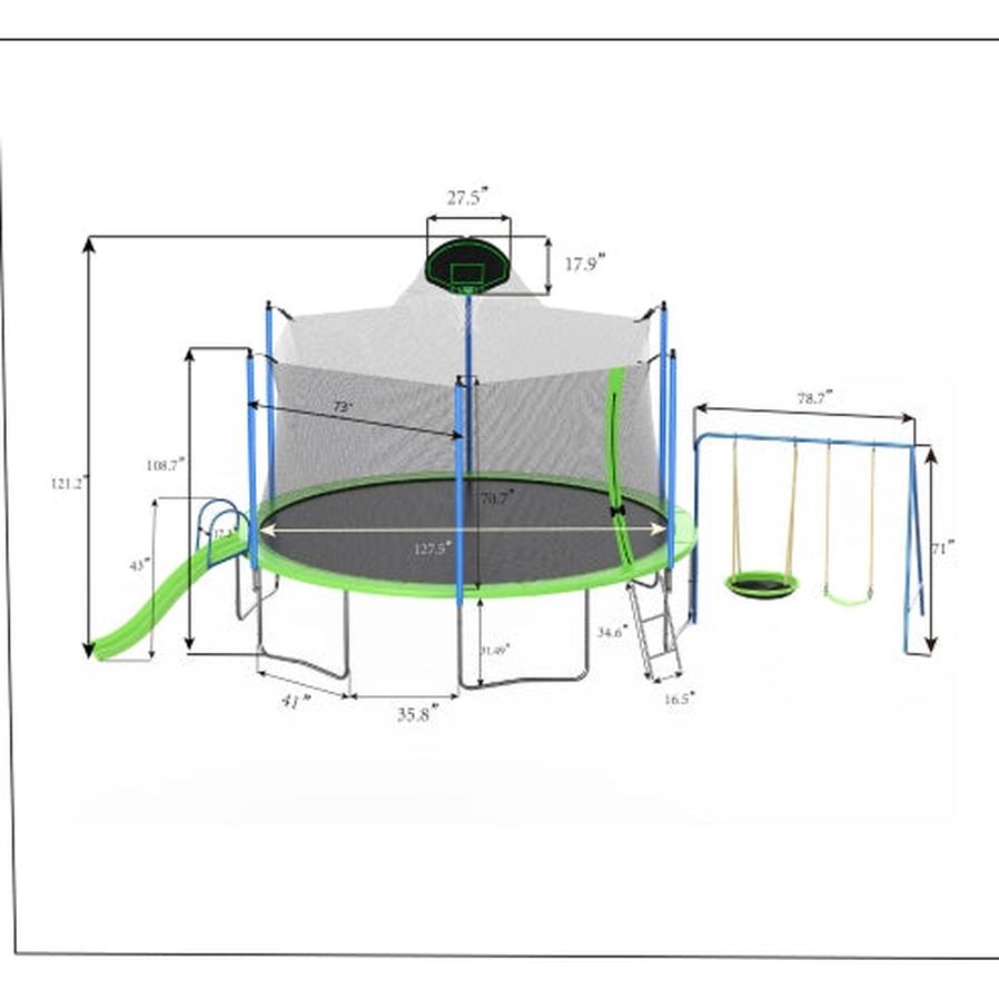 HKM-648595 12FT Trampoline with Slide, Swings, Basketball Hoop, and Safety Net for Kids and Adults