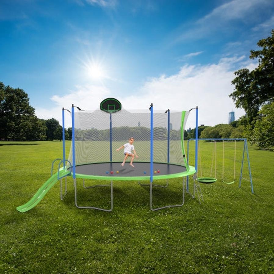 HKM-648595 12FT Trampoline with Slide, Swings, Basketball Hoop, and Safety Net for Kids and Adults