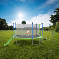 HKM-648595 12FT Trampoline with Slide, Swings, Basketball Hoop, and Safety Net for Kids and Adults