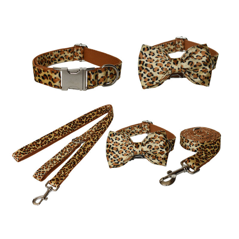 HKM-748563 Leopard Print Zinc Alloy Dog Collar and Leash Set with Bow Tie