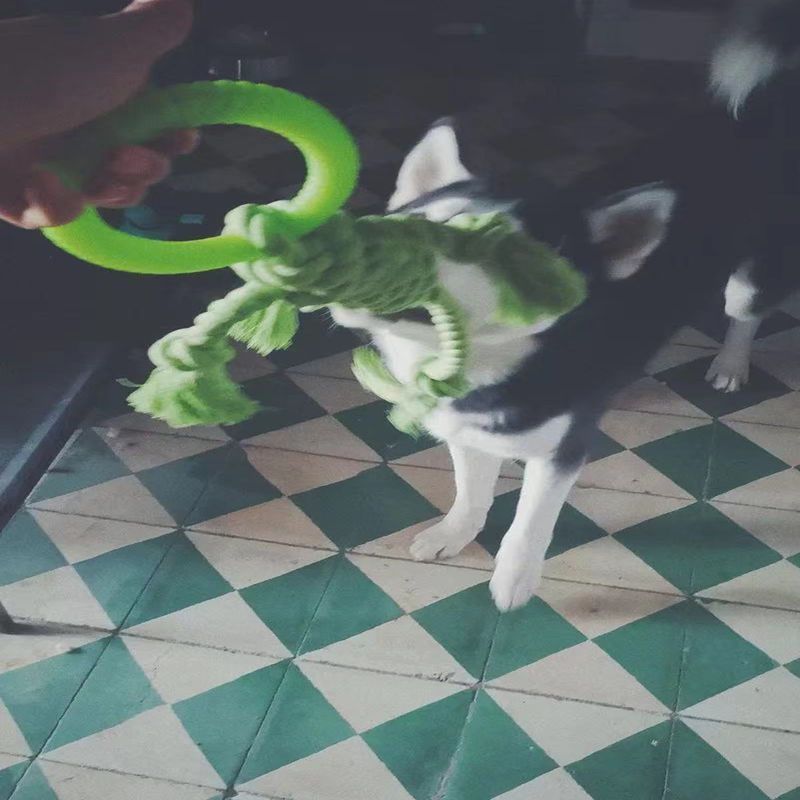 HKM-710675 Solid Color Cotton Rope Dog Chew Toy with Molar Ring - Tear-Resistant and Durable for Puppy Teeth Cleaning