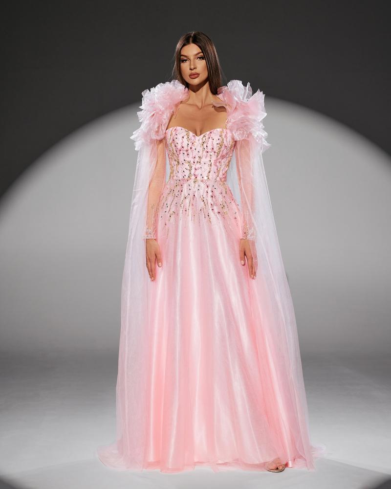 HKM-614035 Elegant Pink Evening Gown for Women - Classic A-Line Design, Perfect for Formal Occasions