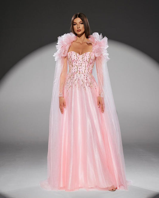HKM-614035 Elegant Pink Evening Gown for Women - Classic A-Line Design, Perfect for Formal Occasions