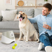 HKM-921939 Self-Pickup Automatic Dog Ball Launcher for Small to Medium Dogs – Interactive Indoor/Outdoor Toy with 3 Launching Ranges, 6 Chewable Mini Tennis Balls Included