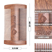 HKM-681747 Sandalwood Double-Sided Beard Comb with Portable PU Cover for Anti-Static Grooming
