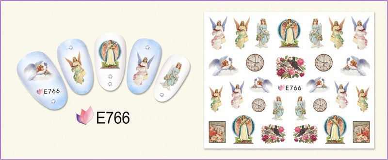 HKM-400403 3D Adhesive Nail Art Stickers - Heavenly Father & Baby Angel Design, Floral Motifs E765-775