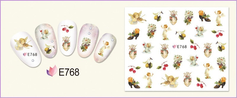 HKM-400403 3D Adhesive Nail Art Stickers - Heavenly Father & Baby Angel Design, Floral Motifs E765-775
