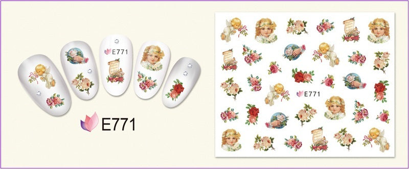 HKM-400403 3D Adhesive Nail Art Stickers - Heavenly Father & Baby Angel Design, Floral Motifs E765-775