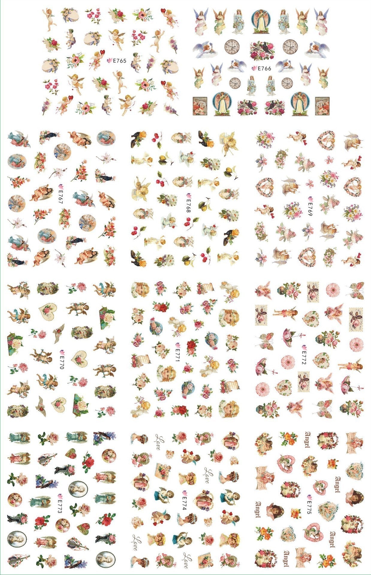 HKM-400403 3D Adhesive Nail Art Stickers - Heavenly Father & Baby Angel Design, Floral Motifs E765-775