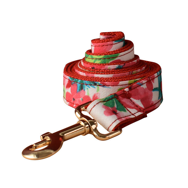 HKM-584403 Red Floral Print Dog Leash and Collar Set with Bow Accessories