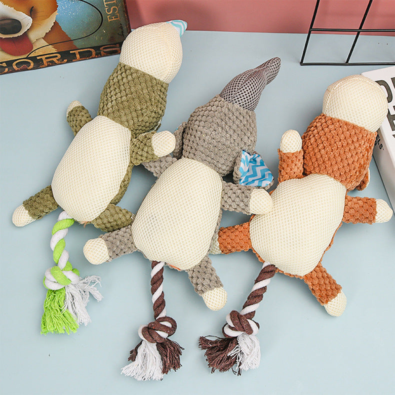 HKM-011347 Small Dog Molar Toy for Puppies – Plush and Cotton Rope with Sounds – Available in Green Rhino, Gray Elephant, Brown Monkey