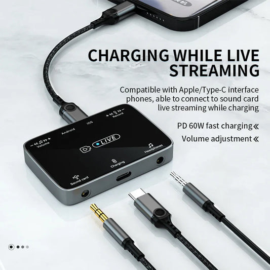 KTX-866323 2-in-1 Stereo Sound Card Converter for iPhone and Type-C Devices, Real-Time Charging and Live Streaming