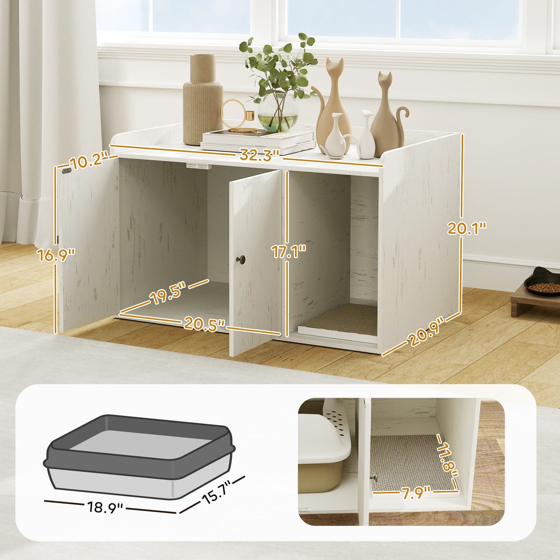 HKM-563923 Cat Litter Box Enclosure with Scratching Mat and Cat Entrance in Distressed White Finish