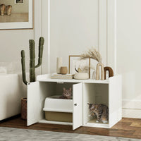 HKM-563923 Cat Litter Box Enclosure with Scratching Mat and Cat Entrance in Distressed White Finish