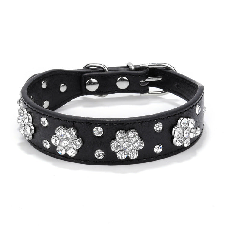 HKM-701139 Rhinestone Flower Studded PU Leather Dog Collar for Small and Medium Breeds