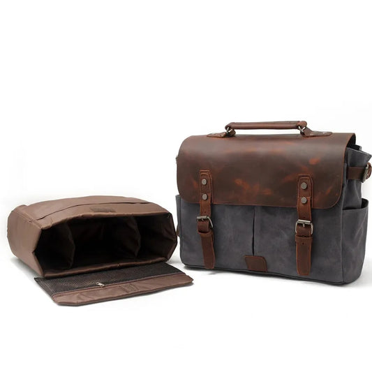 KTX-778195 Waterproof Retro Batik Canvas Camera Crossbody Bag with Leather Accents