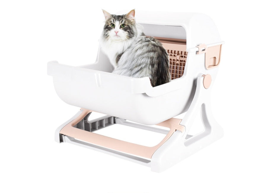 HKM-315283 Semi-Enclosed Cat Litter Box with Tipping Bucket - Available in Beige, Green, and Pink