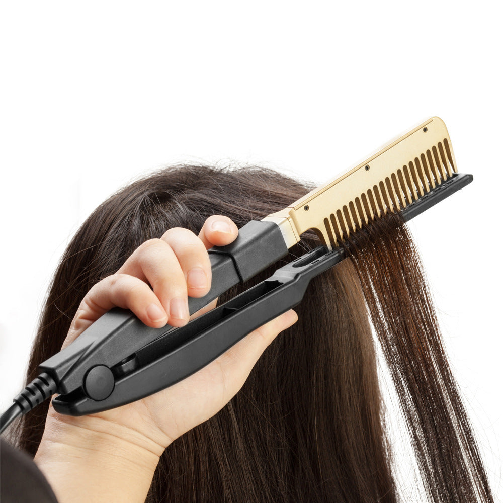 HKM-798227 Portable Wet and Dry Hair Straightening Comb - Brass and Black, Alloy + ABS, Heats Up to 190°C in 3 Minutes
