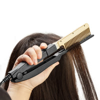 HKM-798227 Portable Wet and Dry Hair Straightening Comb - Brass and Black, Alloy + ABS, Heats Up to 190°C in 3 Minutes