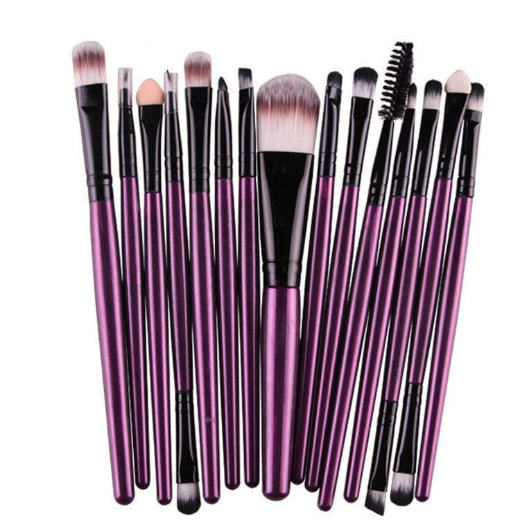 HKM-001171 Set of 15 Portable Makeup Brushes with Plastic Handles and Soft Nylon Hair