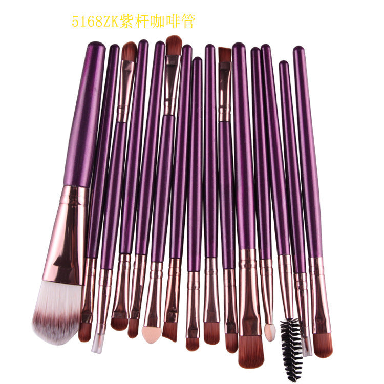HKM-001171 Set of 15 Portable Makeup Brushes with Plastic Handles and Soft Nylon Hair