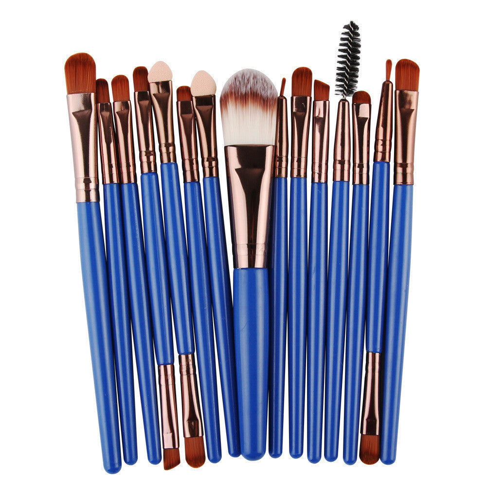 HKM-001171 Set of 15 Portable Makeup Brushes with Plastic Handles and Soft Nylon Hair
