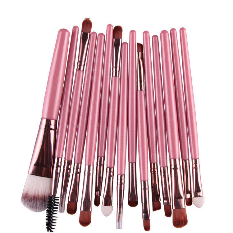 HKM-001171 Set of 15 Portable Makeup Brushes with Plastic Handles and Soft Nylon Hair