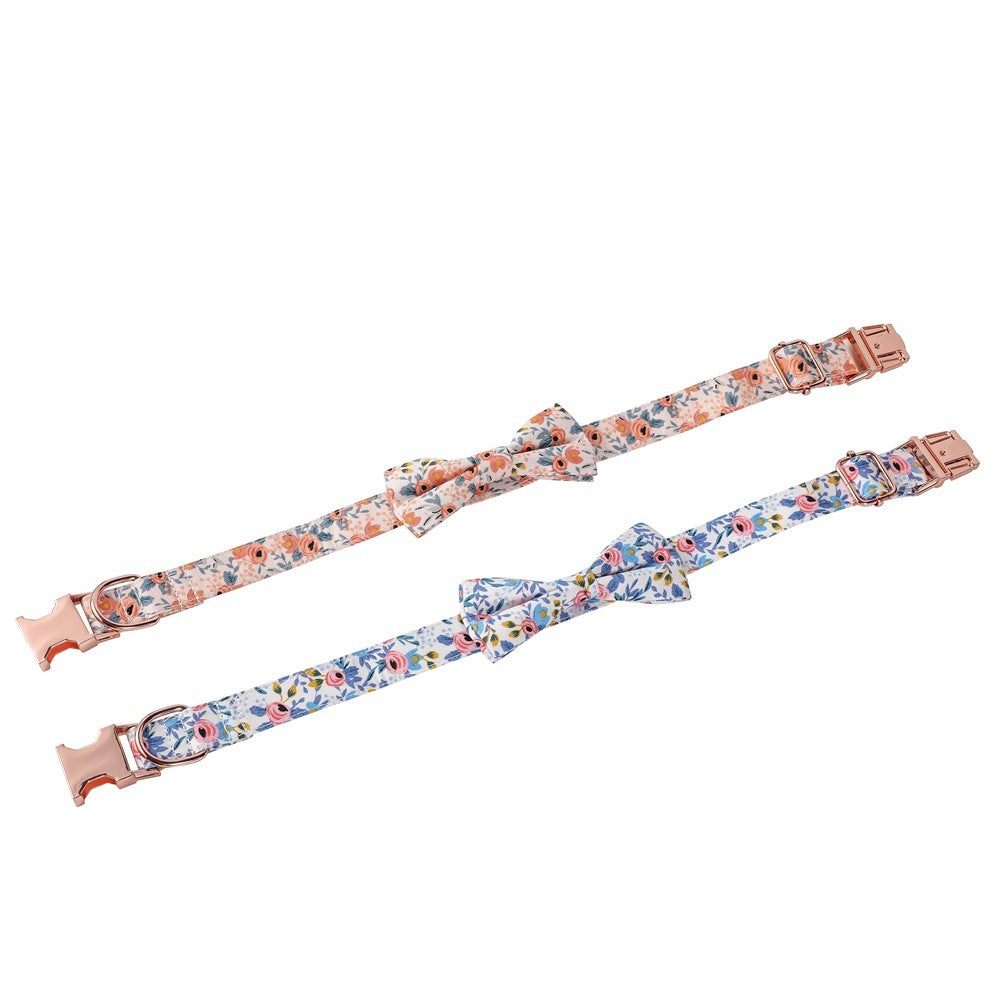 HKM-545043 Floral Cotton Dog Collar with Rose Gold Buckle in Blue and Orange - Multiple Sizes Available