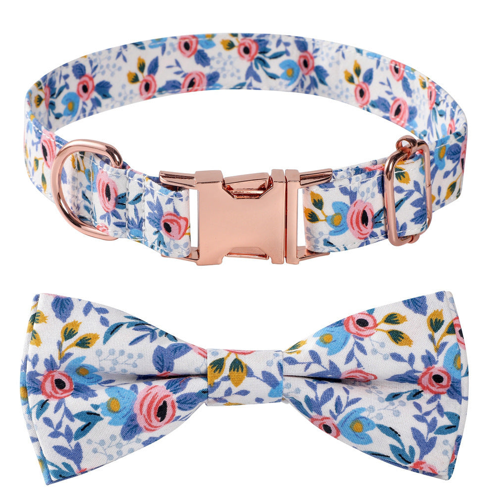 HKM-545043 Floral Cotton Dog Collar with Rose Gold Buckle in Blue and Orange - Multiple Sizes Available