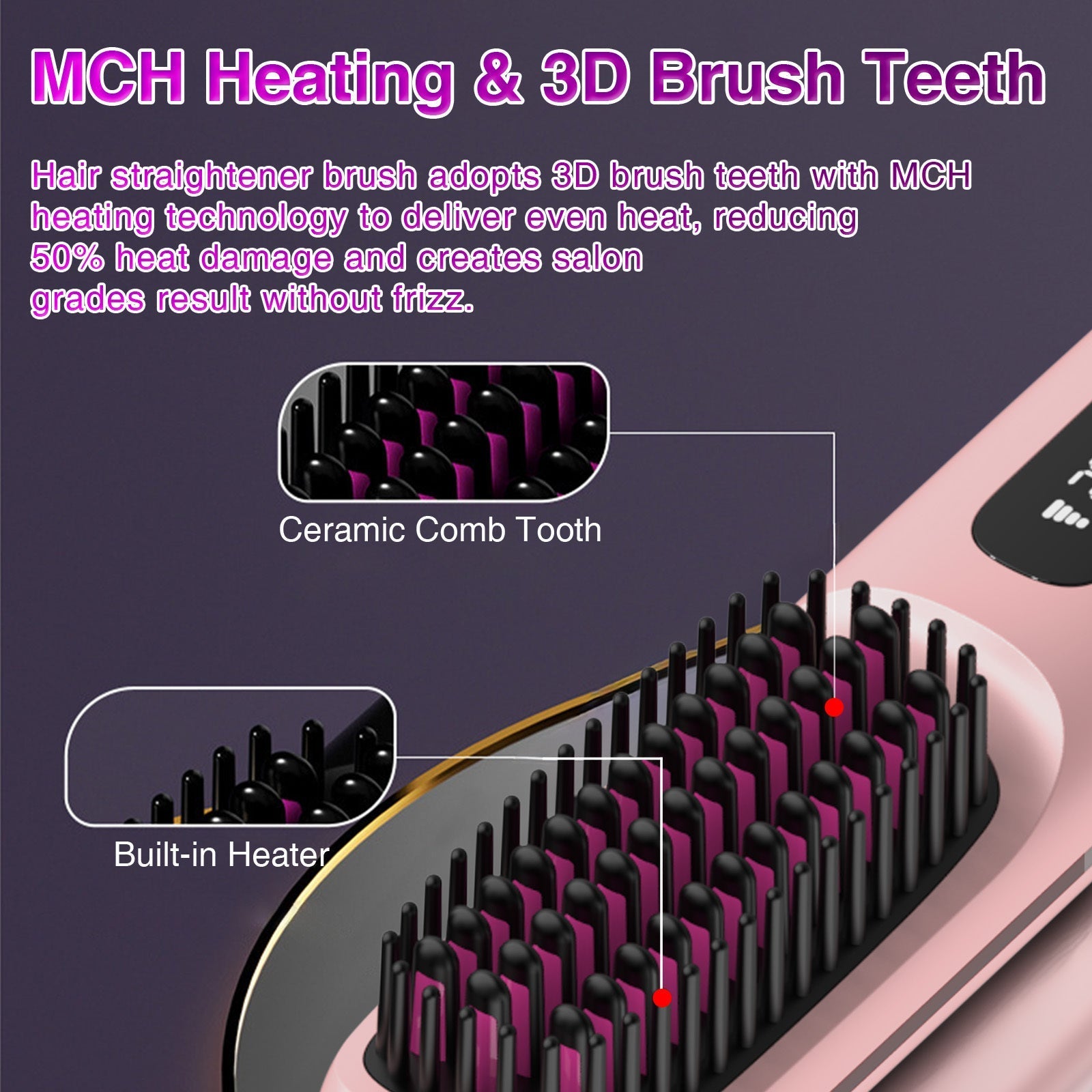HKM-763091 Portable Cordless Hair Straightening Brush with LED Display, USB Rechargeable, Lightweight Mini Design, Advanced Ionic Technology, Scald Protection