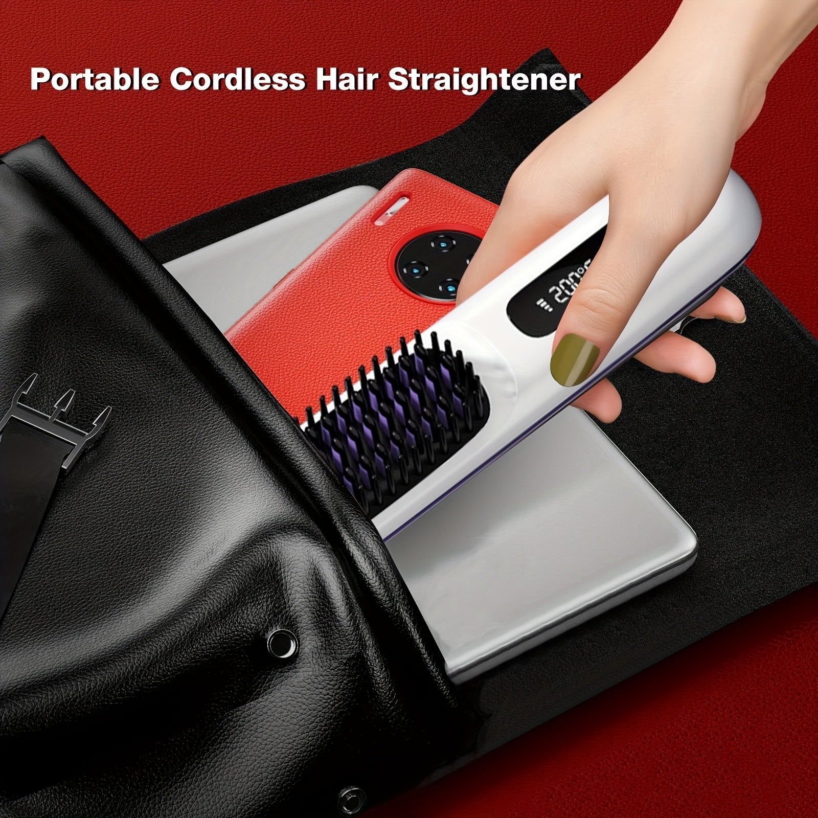 HKM-763091 Portable Cordless Hair Straightening Brush with LED Display, USB Rechargeable, Lightweight Mini Design, Advanced Ionic Technology, Scald Protection