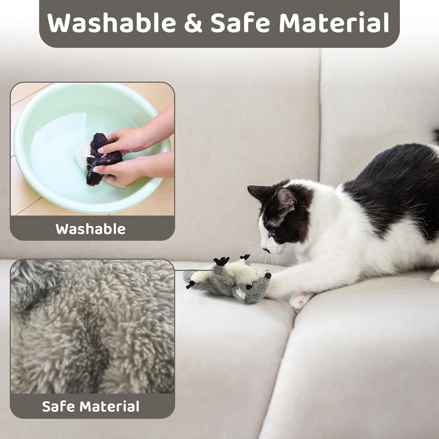 HKM-935443 Interactive Flapping Squirrel Cat Toy with Rechargeable USB, Touch Activated Plush Kicker for Indoor Play