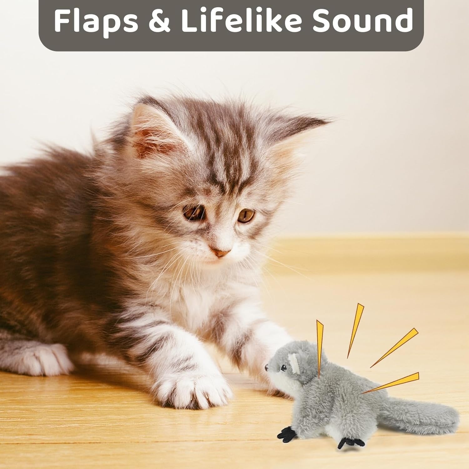 HKM-935443 Interactive Flapping Squirrel Cat Toy with Rechargeable USB, Touch Activated Plush Kicker for Indoor Play