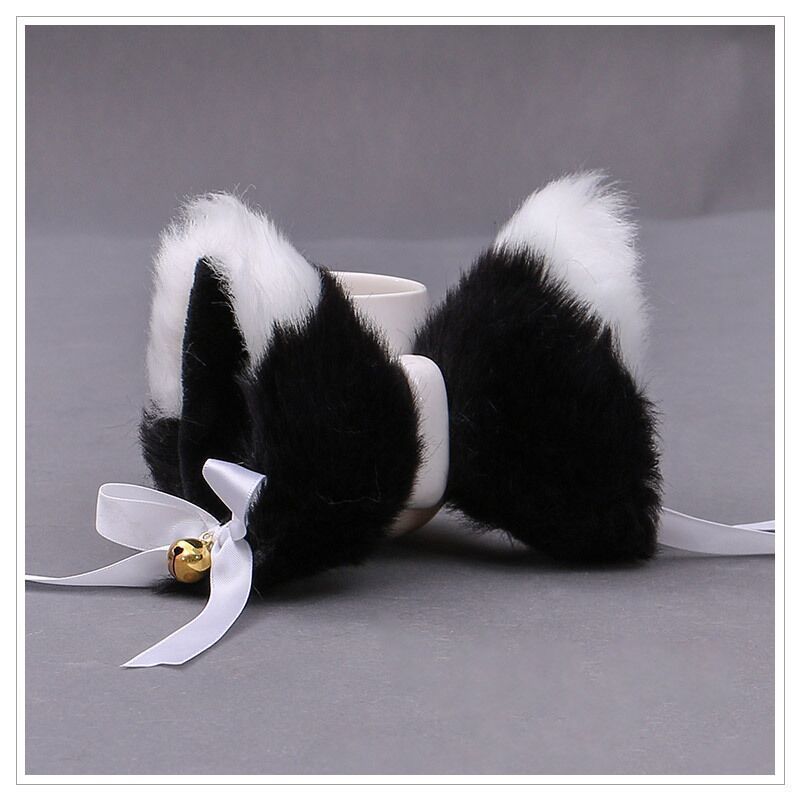 HKM-128147 Cat Ears Hairpin with Bells - Plush Anime Cosplay Hair Accessory in Gray and White