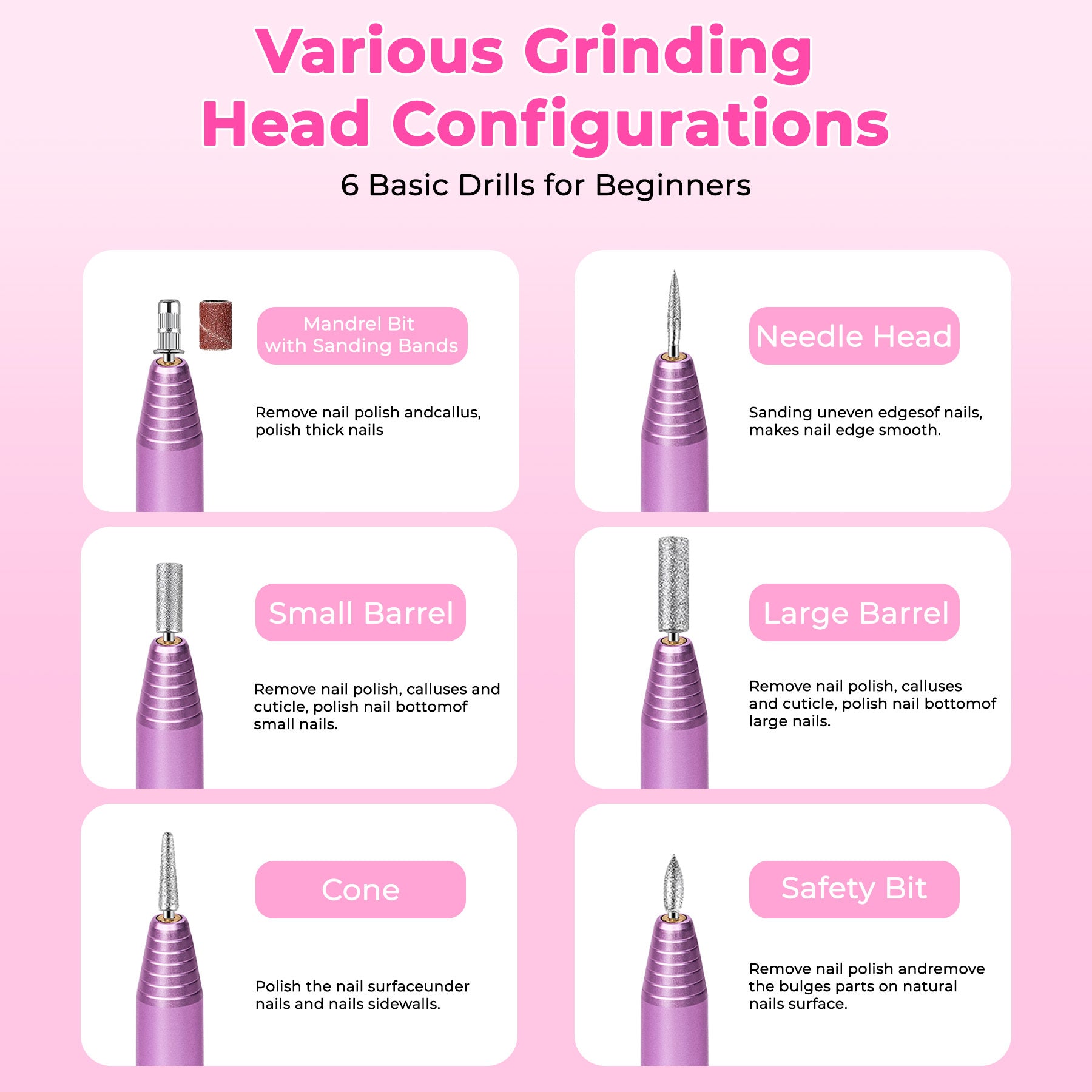 HKM-644435 Portable Electric Nail Drill Kit for Acrylic and Gel Nails, Lightweight Design with 6 Drill Bits and Sanding Bands