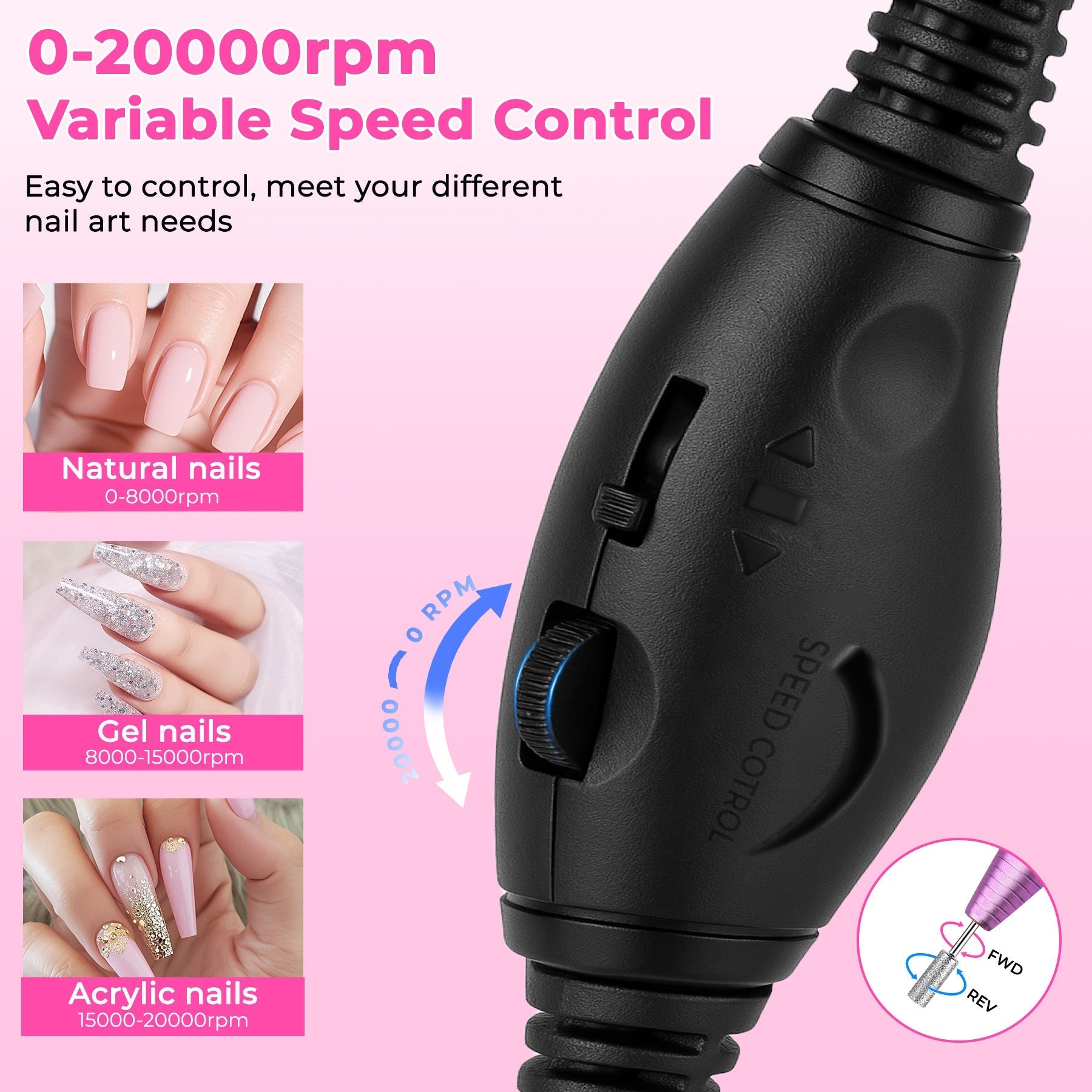 HKM-644435 Portable Electric Nail Drill Kit for Acrylic and Gel Nails, Lightweight Design with 6 Drill Bits and Sanding Bands