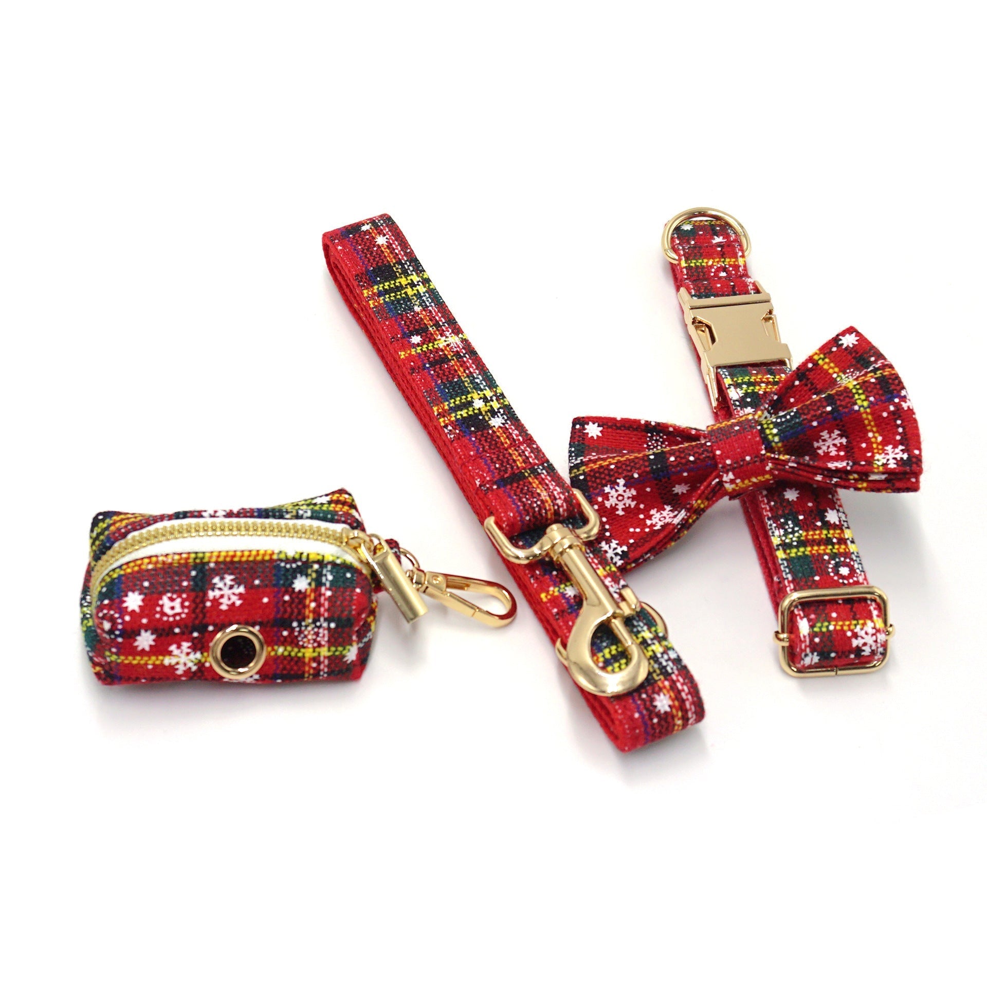 HKM-800915 Red Christmas Pet Collar and Leash Set with Bowknot and Chest Harness, Includes Waste Bag