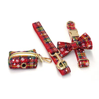 HKM-800915 Red Christmas Pet Collar and Leash Set with Bowknot and Chest Harness, Includes Waste Bag