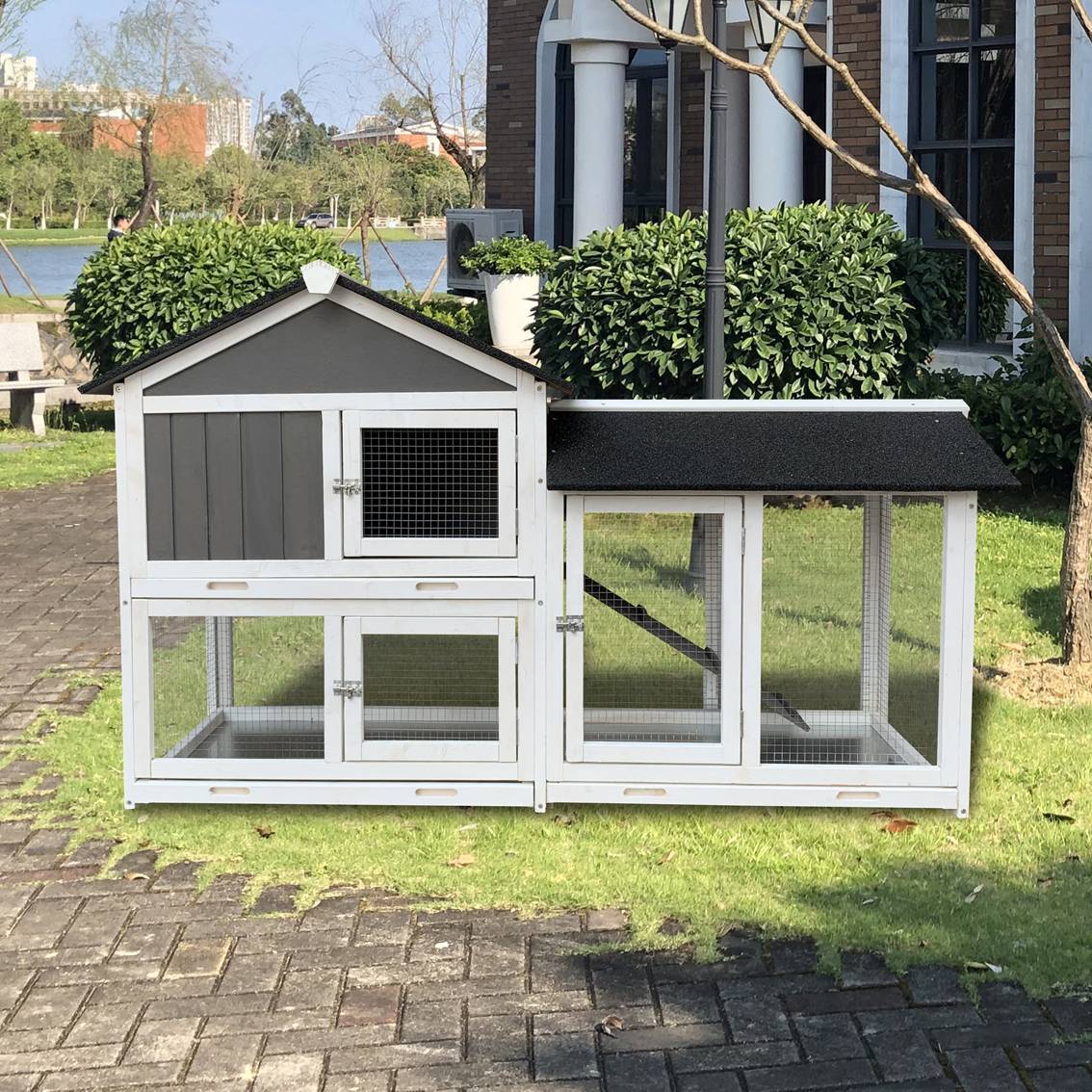 HKM-514195 Removable Tray Ramp Wooden Outdoor Rabbit Hutch with Running Cage for Small Pets