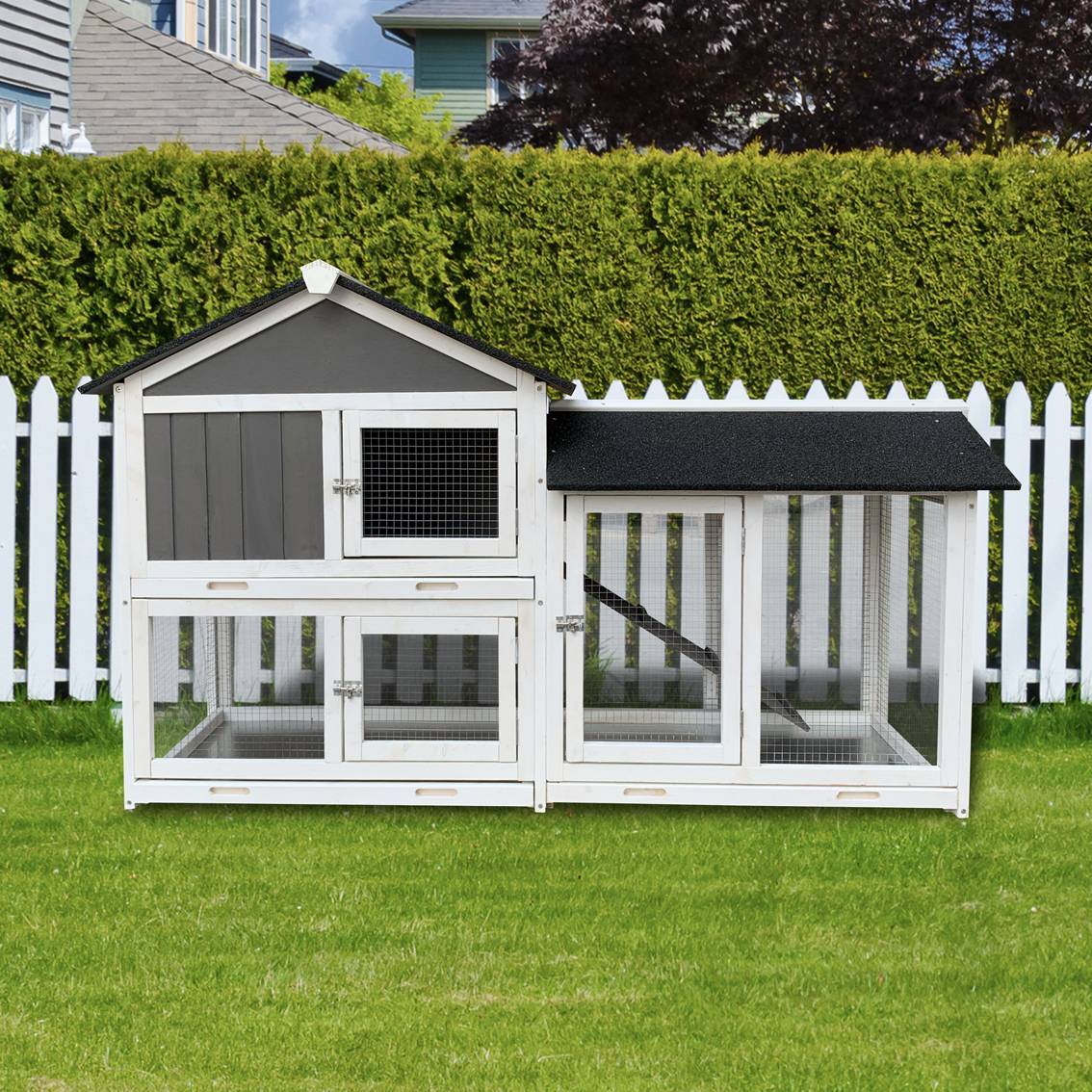 HKM-514195 Removable Tray Ramp Wooden Outdoor Rabbit Hutch with Running Cage for Small Pets