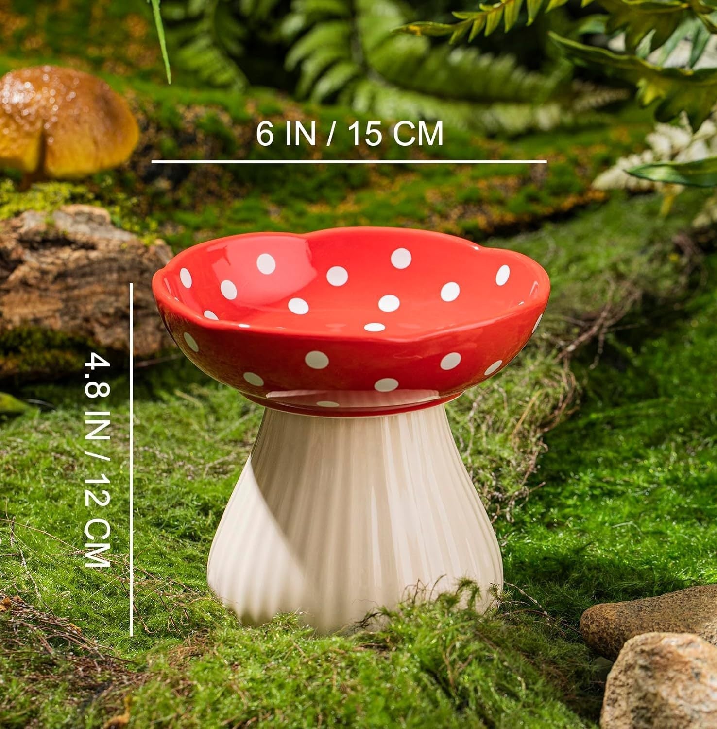 HKM-434195 Mushroom Design Ceramic Cat Bowl for Small Pets in Polka Dot Style