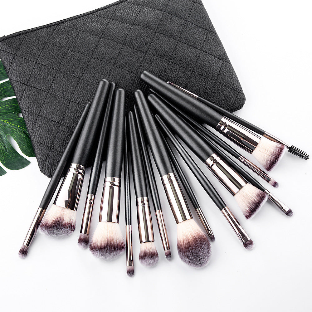 HKM-728659 15-Piece Matte Black Makeup Brush Set with Cosmetic Bag, Nylon Wool and Wooden Handle