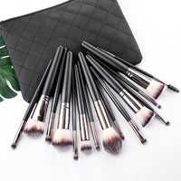 HKM-728659 15-Piece Matte Black Makeup Brush Set with Cosmetic Bag, Nylon Wool and Wooden Handle