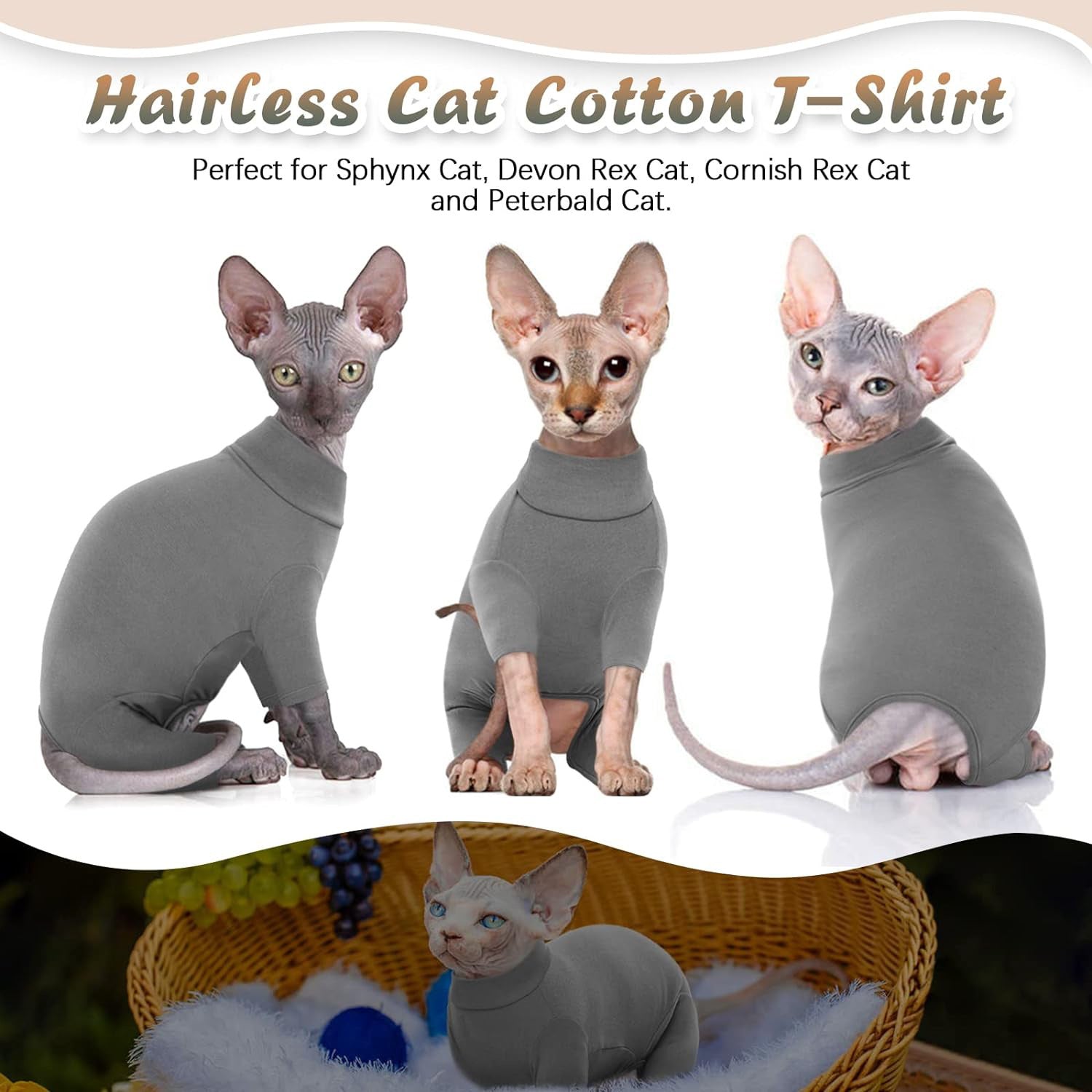 HKM-465811 Soft Turtleneck Sweater for Hairless Cats – Warm Pullover Jumpsuit for Sphynx, Devon Rex, and Cornish Rex Pets