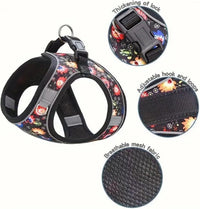 HKM-070803 Adjustable No Pull Dog Harness with Soft Mesh Padded Vest and 5ft Leash - Reflective, Comfortable, Floral Design for Small to Medium Dogs